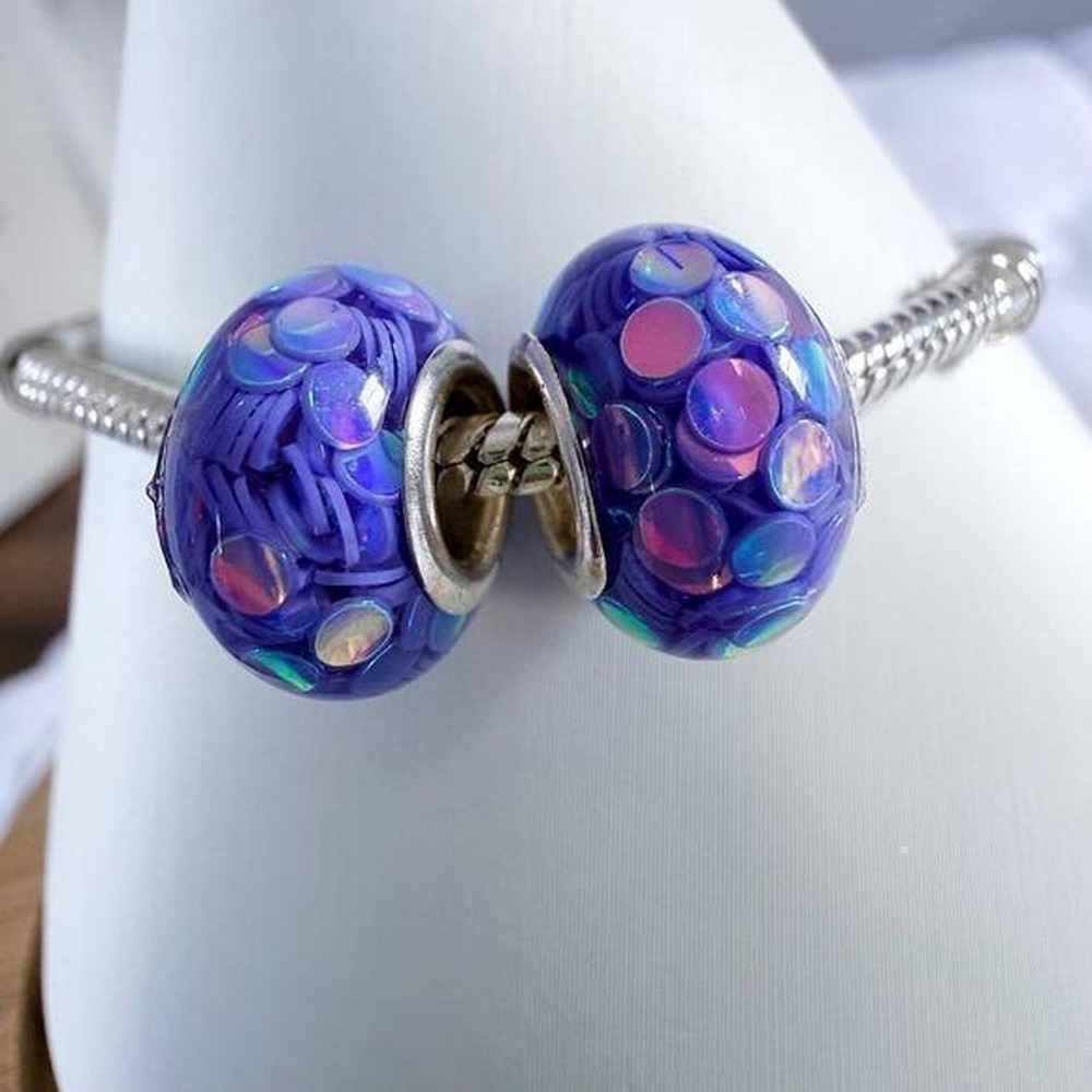 Purple Iridescent Confetti Silver Bead Charm Fits Snake Chain Bracelet - Picture 2 of 6
